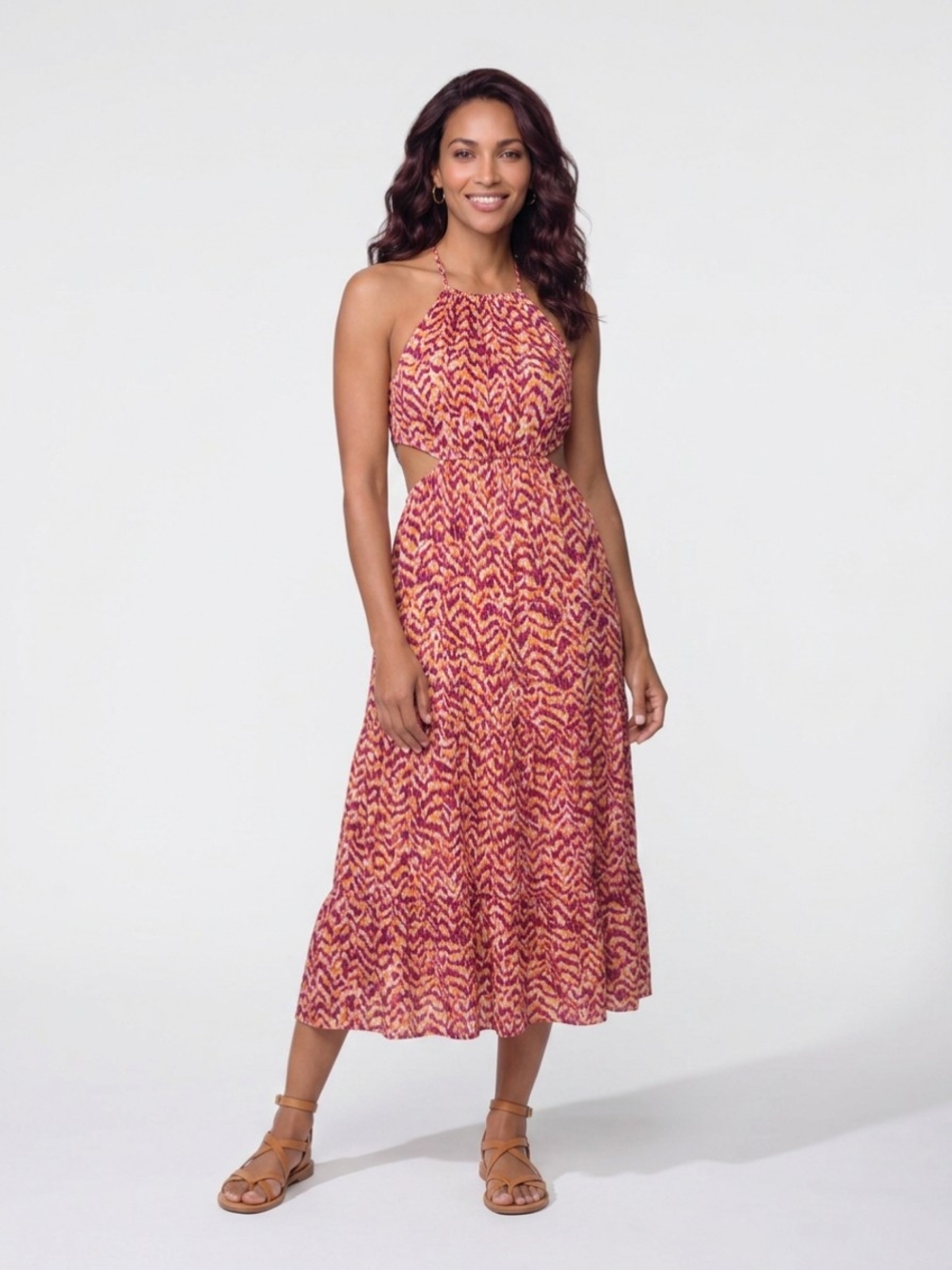 Bar III Pink and Orange Printed Halter Midi Dress
